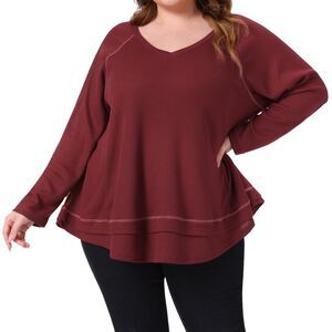 Plus Size Waffle Knitted V Neck Patchwork Hem Pullover Blouse Burgundy